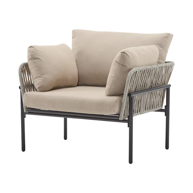 Christopher Knight Home - PureNest 36" Beige and Light Wood-Tone Rope Iron Lounge Chair with Cushions