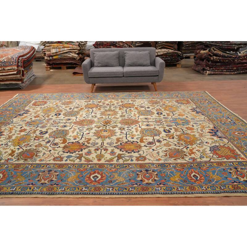 Hand Knotted Oriental 100% Wool Carpet Traditional All-Over Beige & Ivories Tabriz Area Rug - 12' 11'' X 10' 3''