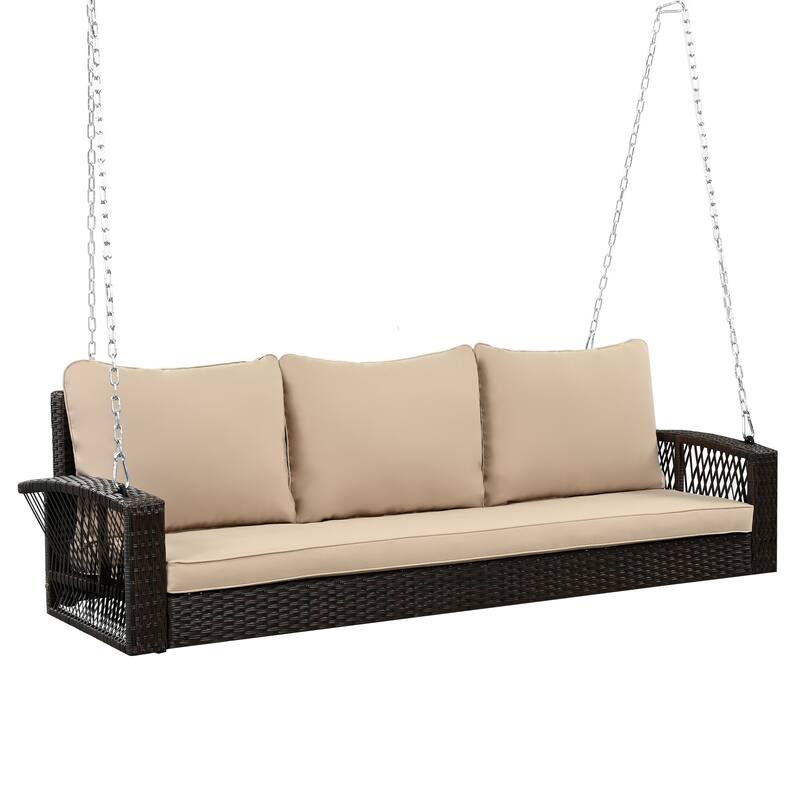 69" PE Wicker 3-Person Porch Swing with Chains and Cushions