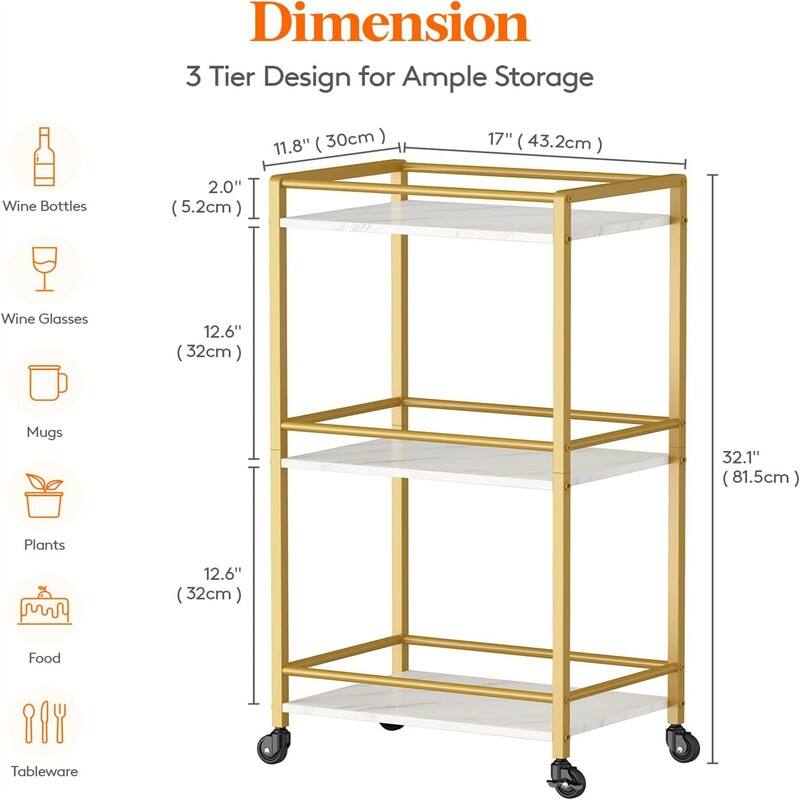 3 Tier Small Rolling Wine Cart - 16.22"D x 11.81"W x 32.1"H