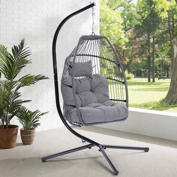 slide 2 of 15, Outdoor Patio Wicker Folding Hanging Egg Chair, Swing Hammock with Cushion, Pillow Grey
