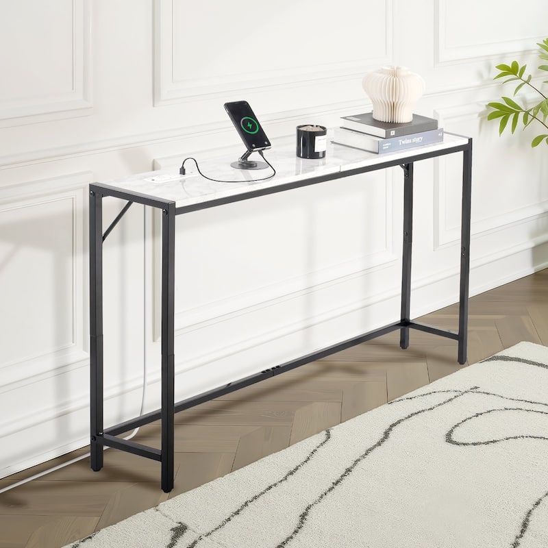 Modern Marble Console Table with Power Outlet for Living Room - 43.3 x 9.4 x 29.2 in