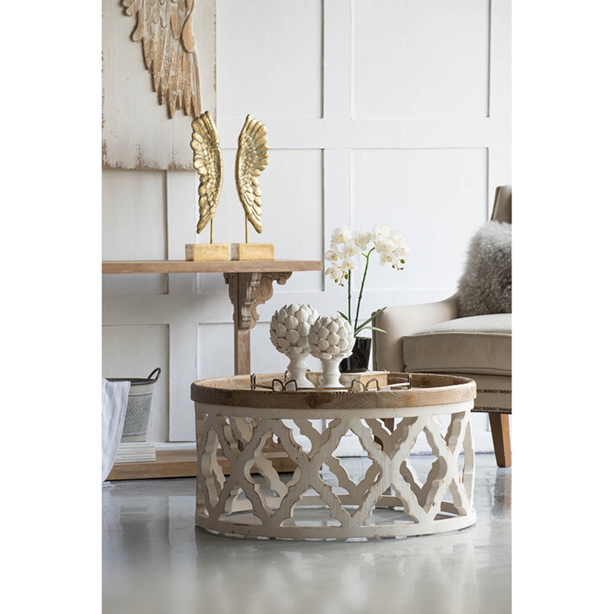 CC Home Furnishings Lattice Weathered Whitewash Round Coffee Table 32 inch White and Brown