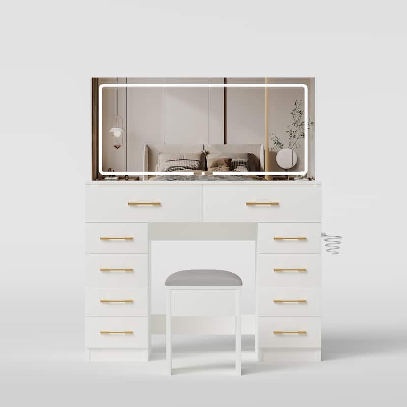 46"Glass Top Vanity Desk with 10 Drawers Makeup Vanity with Mirror and Stool,3 Lighting Modes Dressing Table,Silent Slides