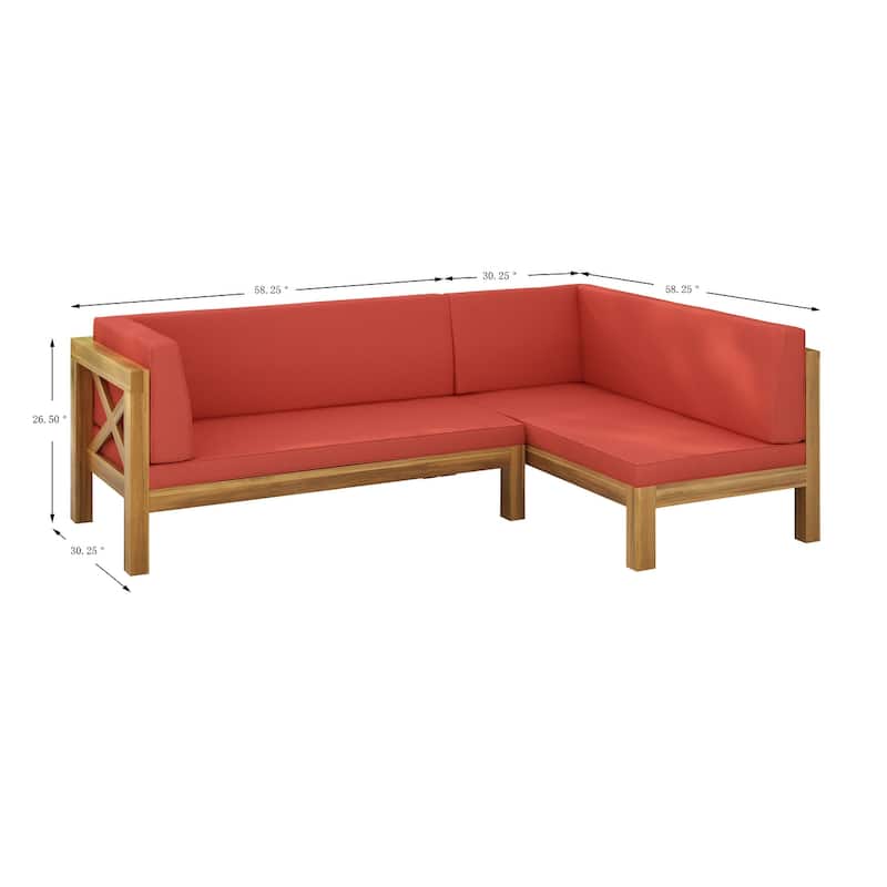 Roomfitters Outdoor Sectional Sofa Left Corner Bench with X-Back Acacia Wood Frame and Cushions
