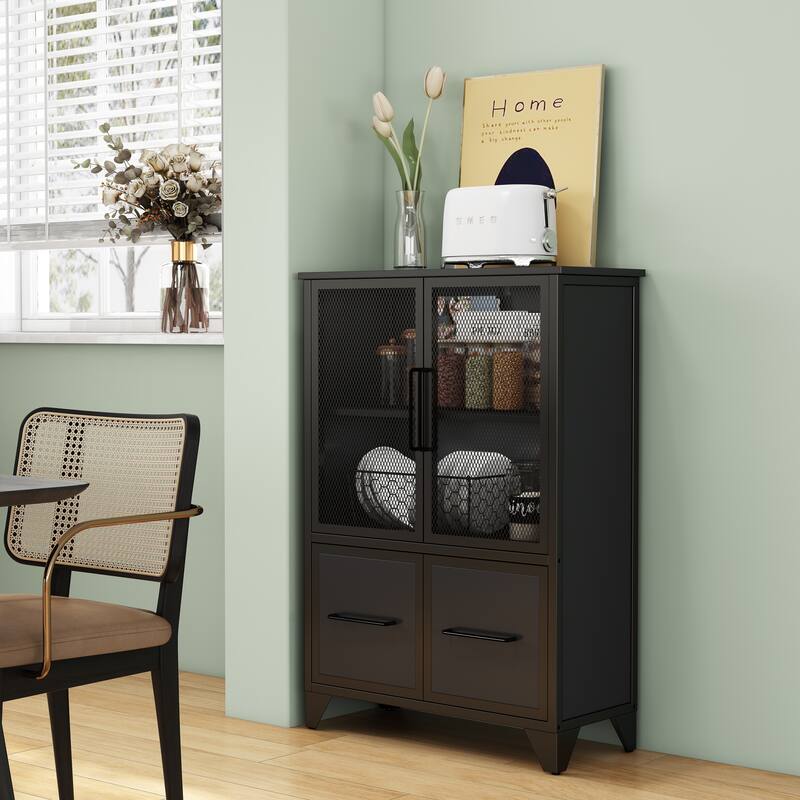 Storage Cabinet With 4 Iron Doors,Black Metal Handle,Sideboard With Adjustable Shelf,Black Sturdy Metal Frame and Metal Legs - Black