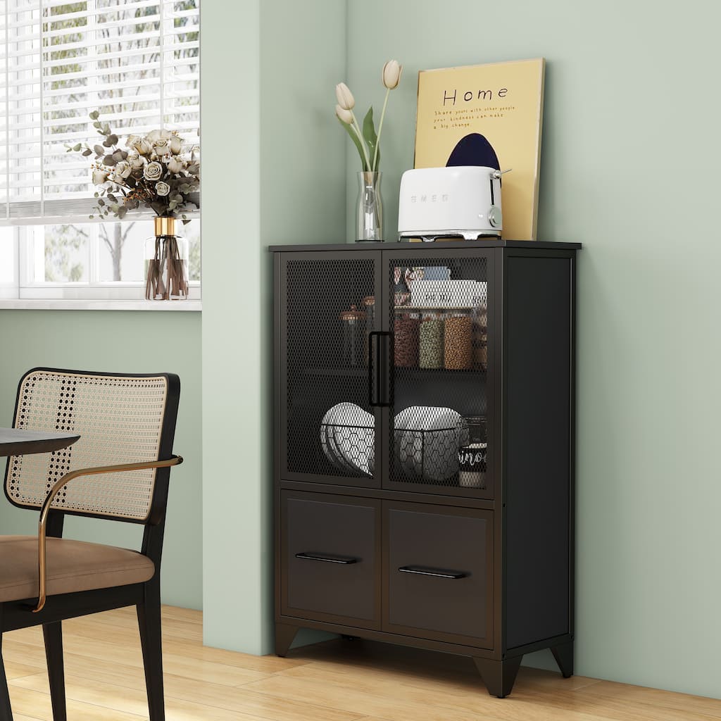 Storage Cabinet With 4 Iron Doors,Black Metal Handle,Sideboard With Adjustable Shelf,Black Sturdy Metal Frame and Metal Legs
