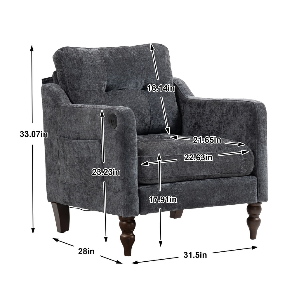 Chenille Accent Chair with USB Port, Ergonomic Upholstered Armchair, Lounge Reading Chair with Side Pocket & Wooden Legs