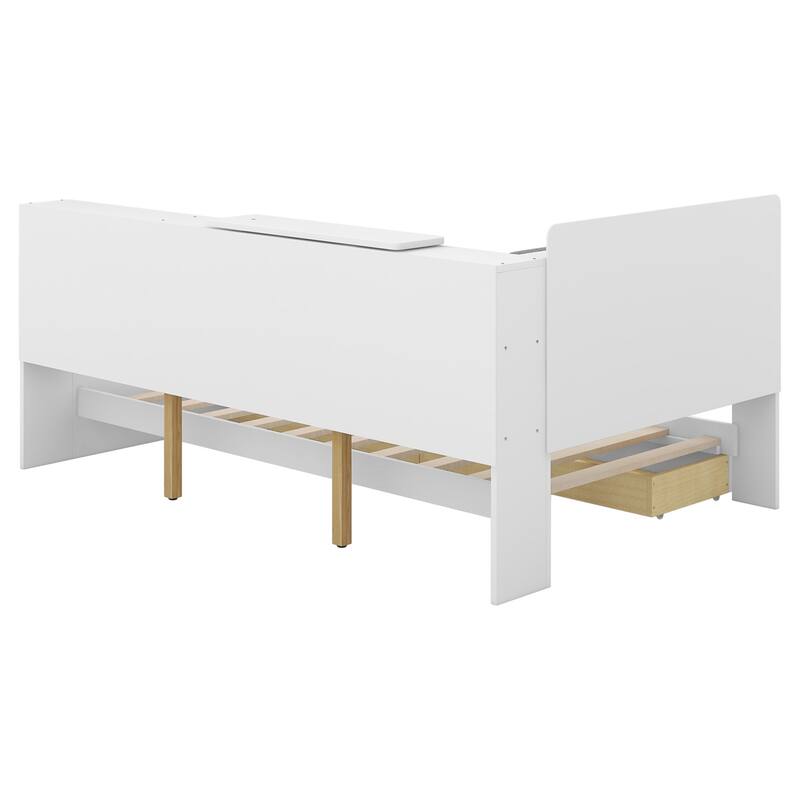 Wood Twin Size platform bed w/Storage Headboard,Shelves and 2 Drawers