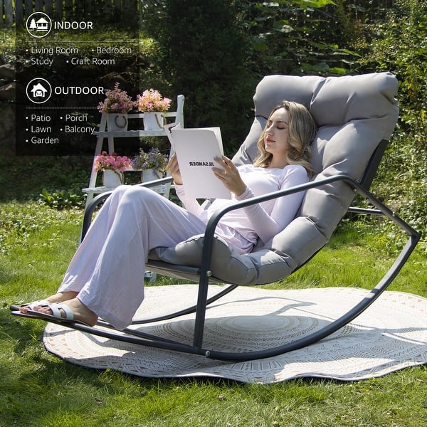 Outdoor Papasan Rocking Chair, Patio Oversized Wicker Egg Rocking Chair, Indoor & Outdoor Comfy Rocker Chair With Thick Cushion, Modern Lounge Chair Front Porc