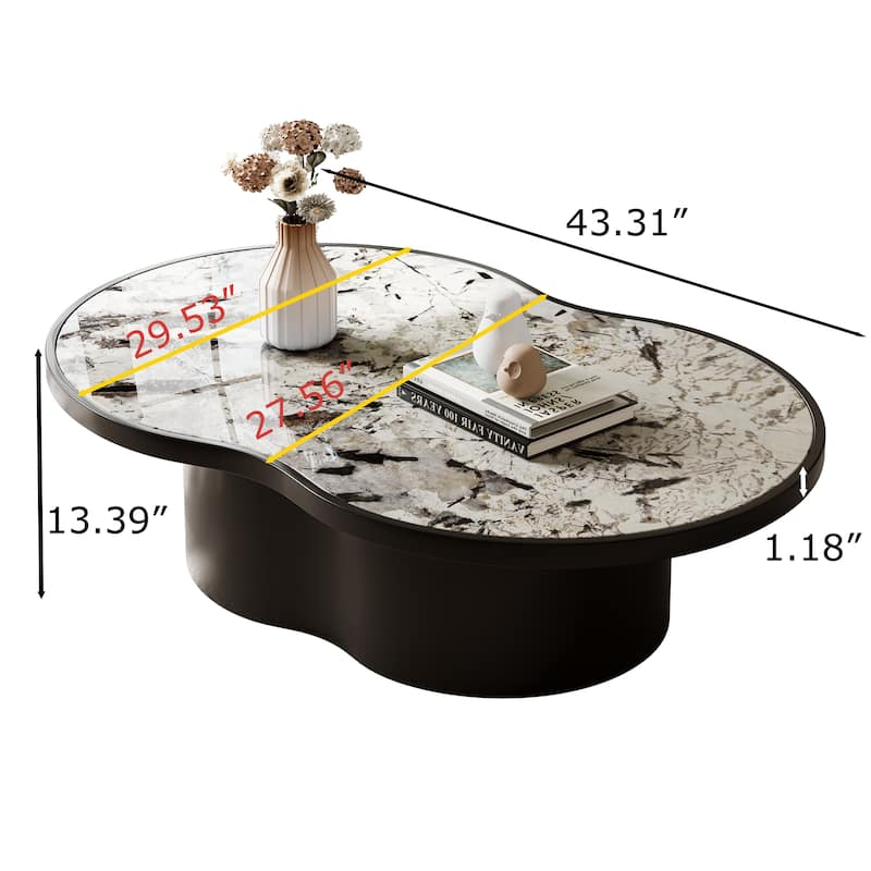 43.31" Round Coffee Table, Glossy Faux Marble Table top, Black Wood Base