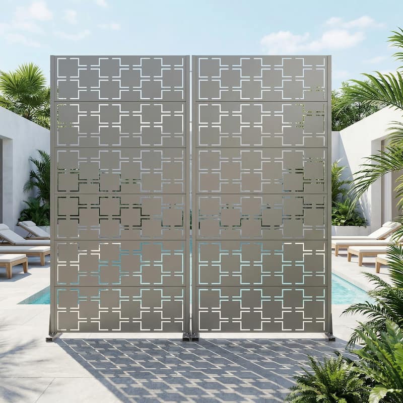 Outdoor Freestanding Metal Privacy Screen Decorative Garden Fence Set of 2 - Grey - 72"X35"