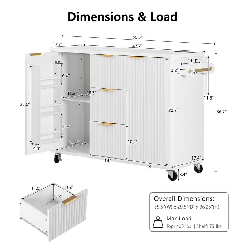 55.5" Storage Power Outlet Kitchen Island with Drop Leaf and 3 Drawers