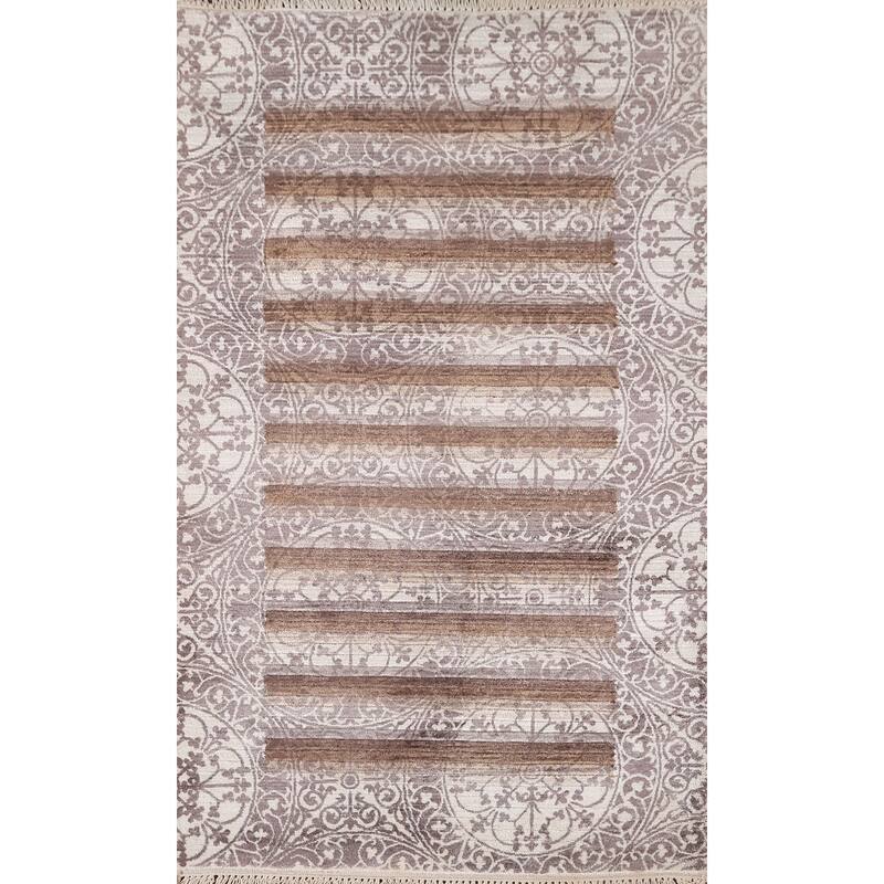 Striped Abstract Accent Rug Handmade Oriental Grey Wool Carpet - 2'10"x 4'6"
