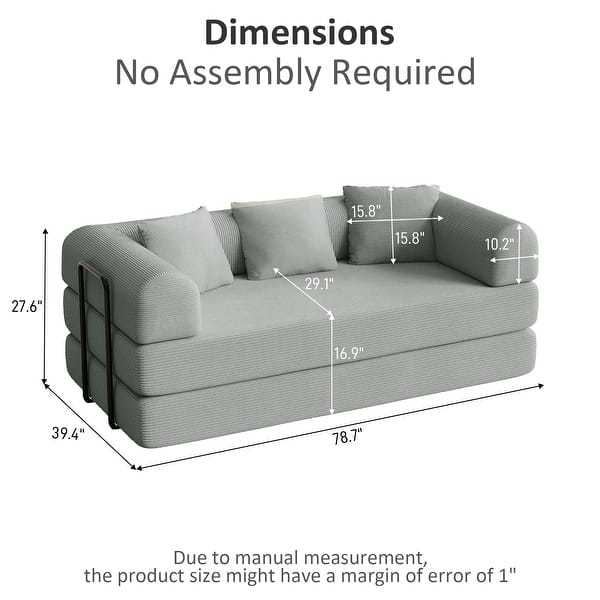 dimension image slide 4 of 7, Convertible Sleeper Sofa Bed with Pillows, 4-in-1 Corduroy Folding Mattress Couch