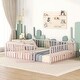 preview thumbnail 1 of 0, Pink Queen Size Floor Bed, Montessori Bed Frame w/ Fence-Shaped Guardrails and Door, Metal Floor Full Bed for Kids, Toddler Pink - Queen