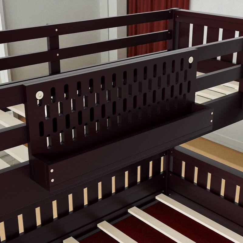 Twin XL over Queen Bunk Bed with Ladder, Guardrails, Pegboard Storage and Built-in Bookshelf, Solid Wood Frame