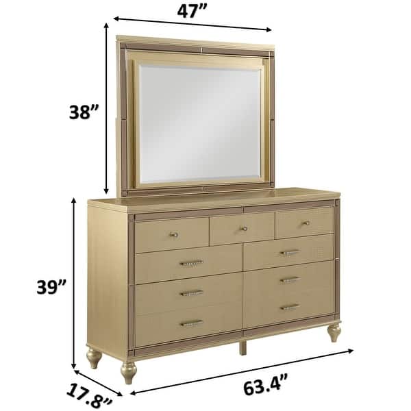 dimension image slide 8 of 26, Sterling 4PC/5PC Contemporary Bedroom Set with Mirror Accents and LED Enhancements