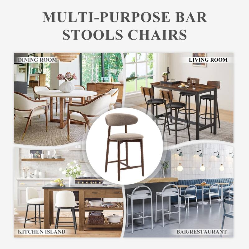 Mid-Century Modern Upholstered Bar Stools with Backrest - Solid Wood Legs Counter Height Stools