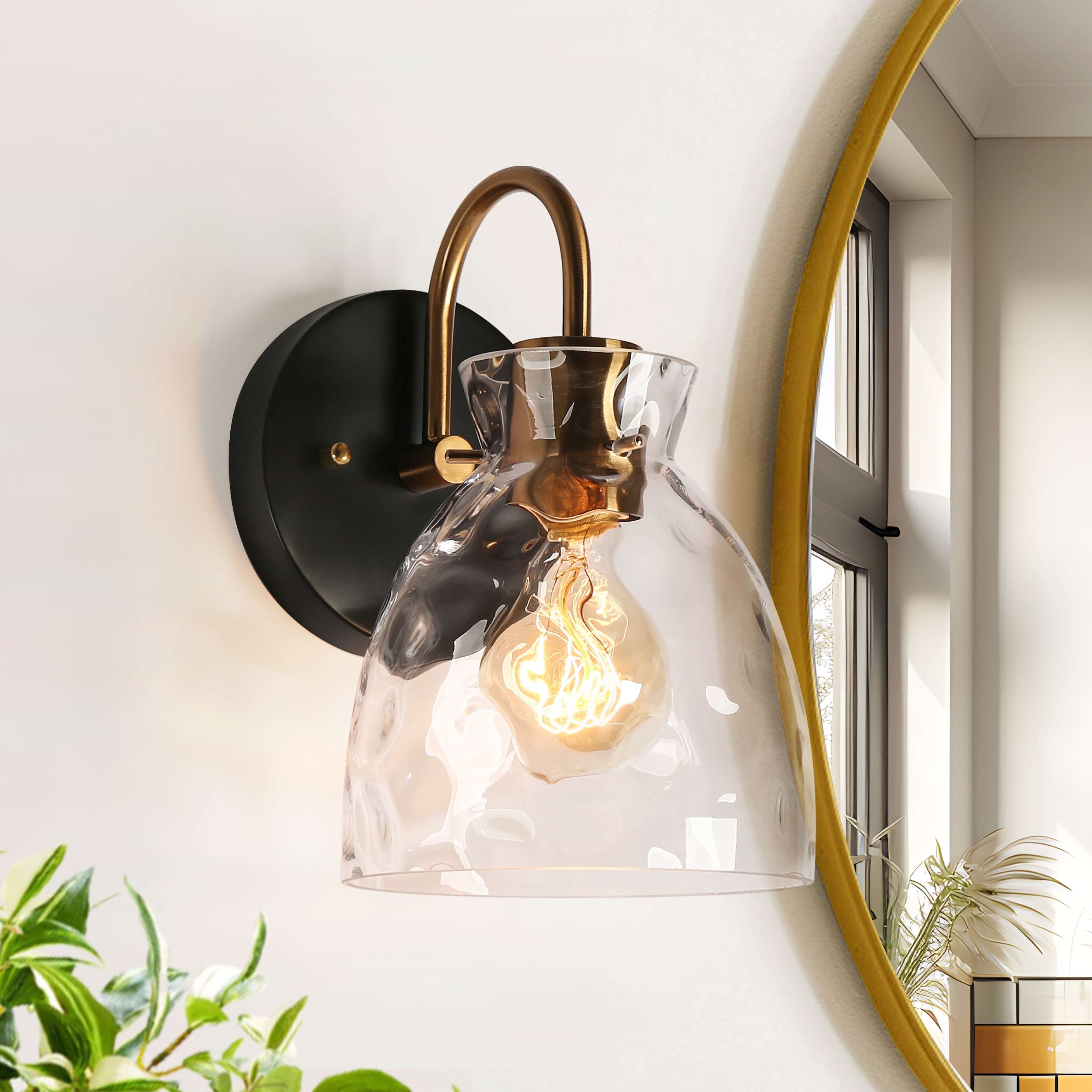Elisie Modern Black Brass 1-Light Bathroom Wall Sconce Farmhouse Wall Light with Water Glass