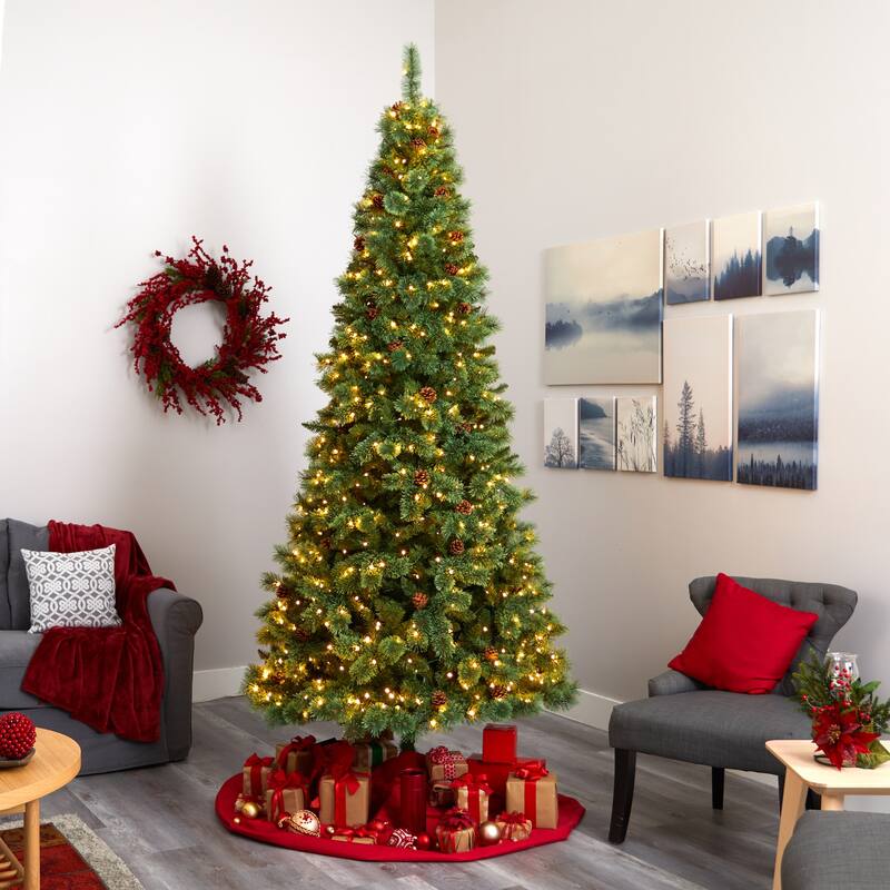 9Ft Artificial Christmas Tree with Lights - Holiday Decor, White Pine, Pre-Lit, Full Size, Realistic Tree - Green - 108