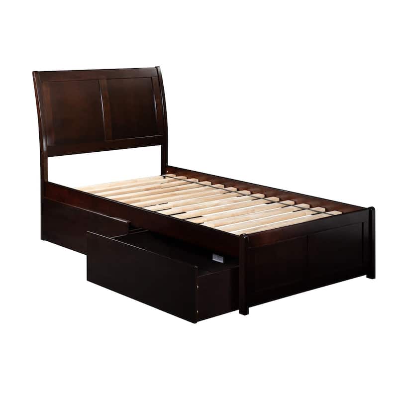 Natural Wood Platform Bed with Drawers - Modern Sleigh Style Bed Frame - Full, Queen, King Sizes