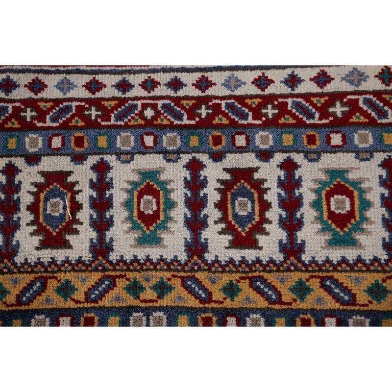 Geometric Kazak Area Rug Hand-Knotted Blue Oriental Wool Carpet - 8'10" x 11'8"