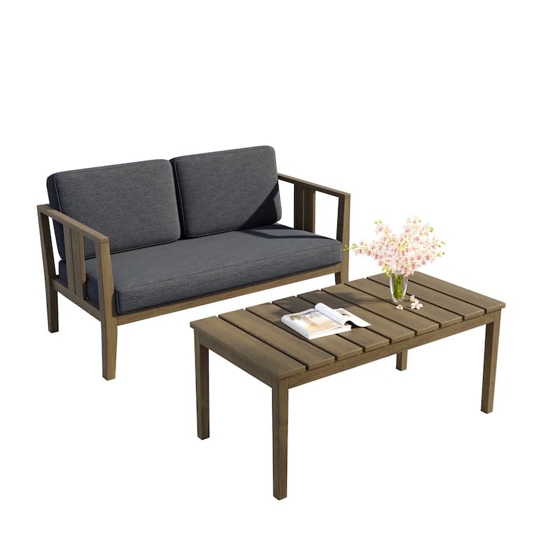 Teak Wood Water Resistant Outdoor Loveseat and Coffee Table Set (Set of 2)