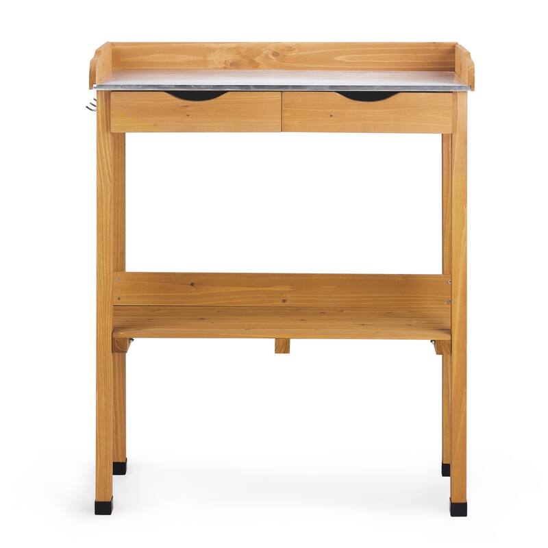 Natural Wood Potting Bench with Metal Top and 2 Drawers Lower Shelf and Hooks for Gardening - 29.8” x 14.6” x 36.4”