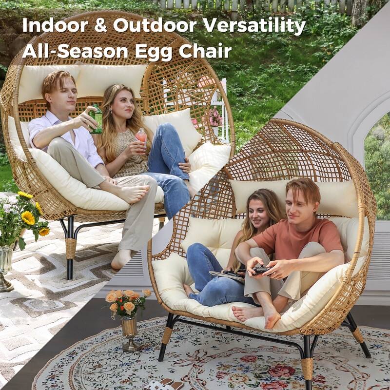 7-Piece Outdoor Boho Patio Furniture Set with Double Egg Chair, Wicker Sectional Conversation Set with Coffee Tables and Cushio