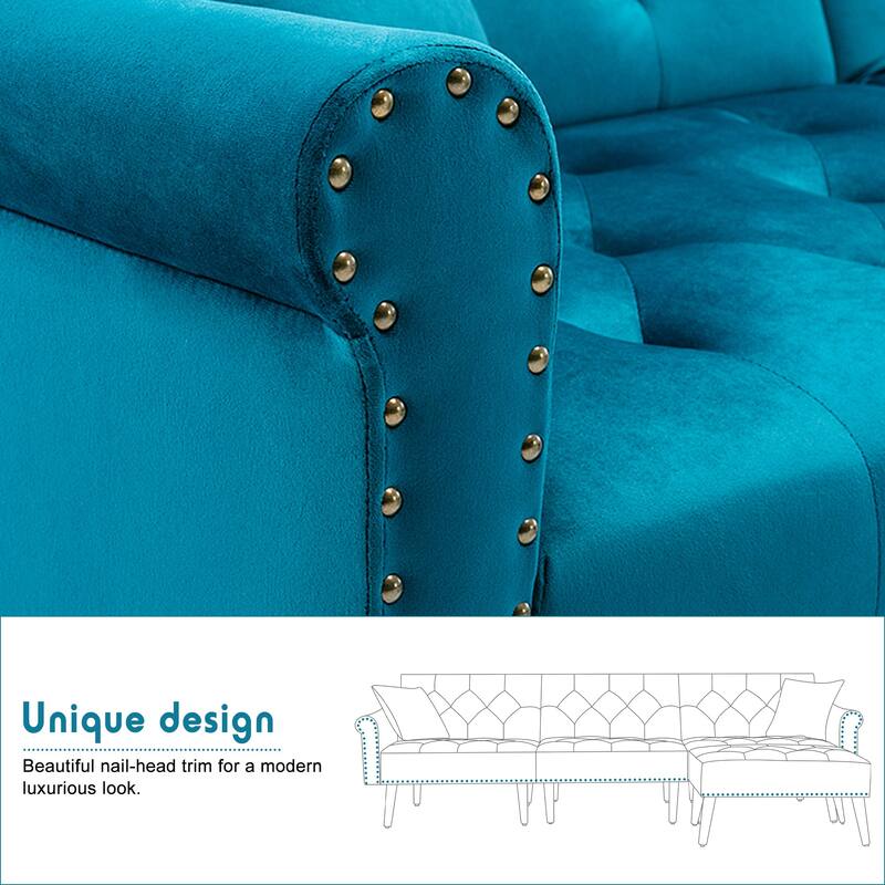 Convertible Velvet Sofa Couch, Sectional Sofa with Ottoman, Mid-Century Futon Sofa Bed - 32"D x 100.7"W x 29.9"H