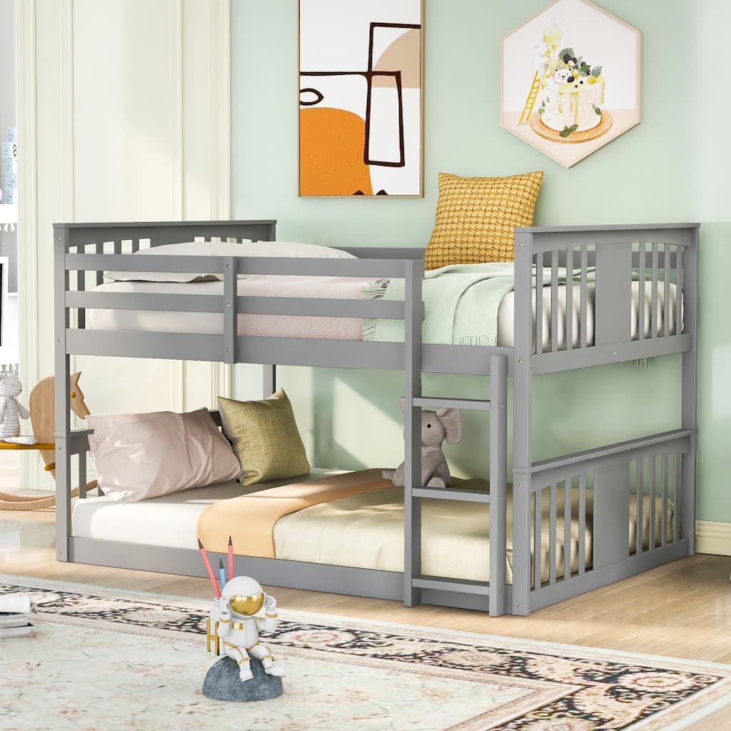 Wood Frame Bed Full Over Full Bunk Bed wLadder, Full-length Guardrail