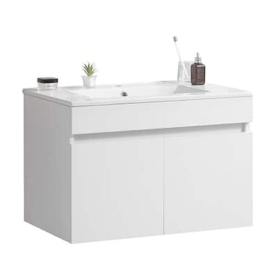 36"Wall Mounted Bathroom Vanity with White Ceramic Basin,Two Soft Close Cabinet Doors,Solid Wood,Excluding faucets