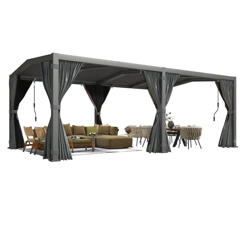 EROMMY Outdoor Louvered Pergola Gazebo with Adjustable Aluminum Rainproof Roof and Pull-Down Screen