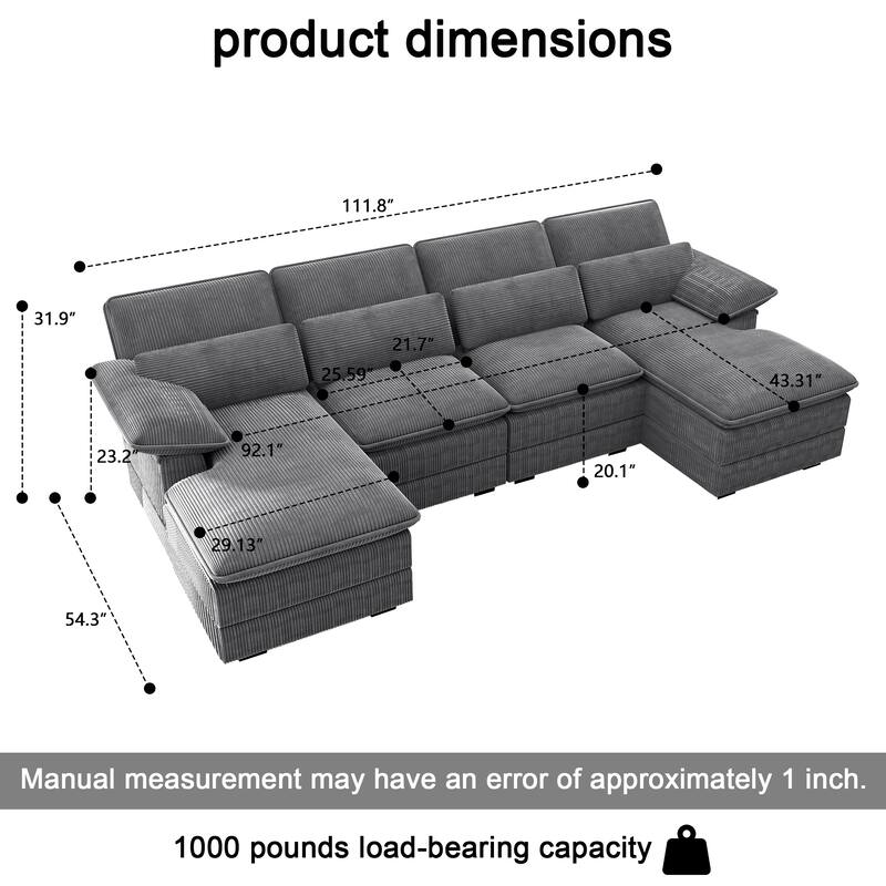 111.8" U-Shaped Cloud Sectional, 4-Seater Corduroy Upholstered Sectional with Recliner and Cushions