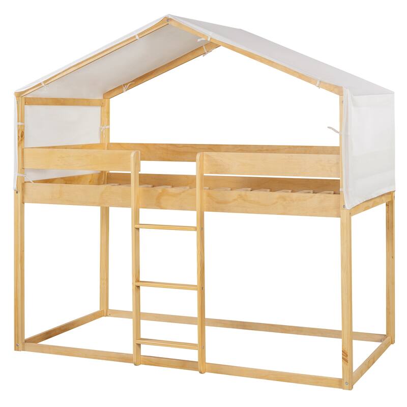 Twin Over Twin Wood Bunk Bed with Play Tent and Espresso Solid Wood, 250lb Capacity, Fun House Design for Kids
