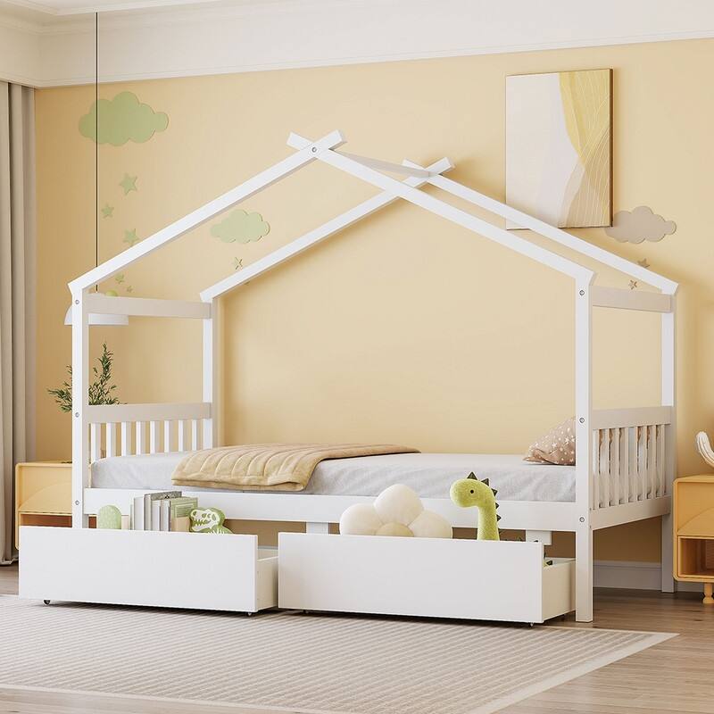 Twin Size Wooden House Bed with 2 Drawers - White