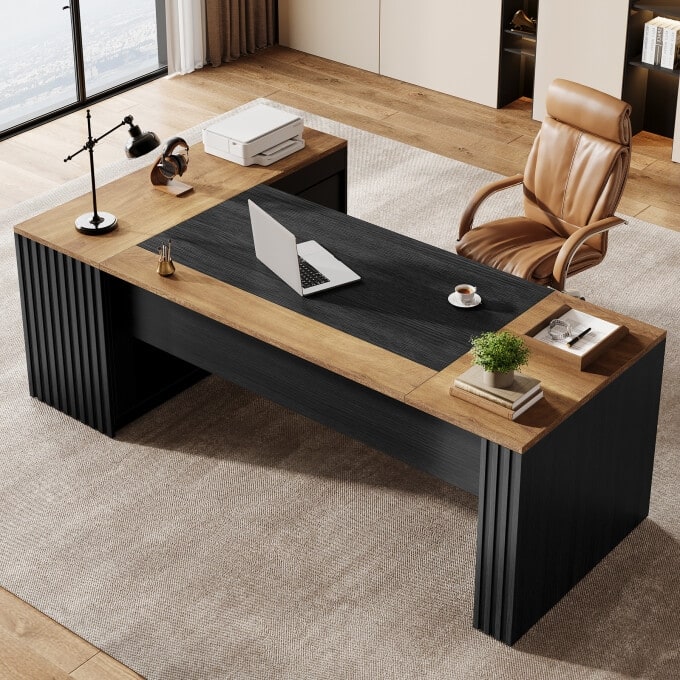 78" L Shaped Executive Office Desk with Cabinet and Storage Shelves