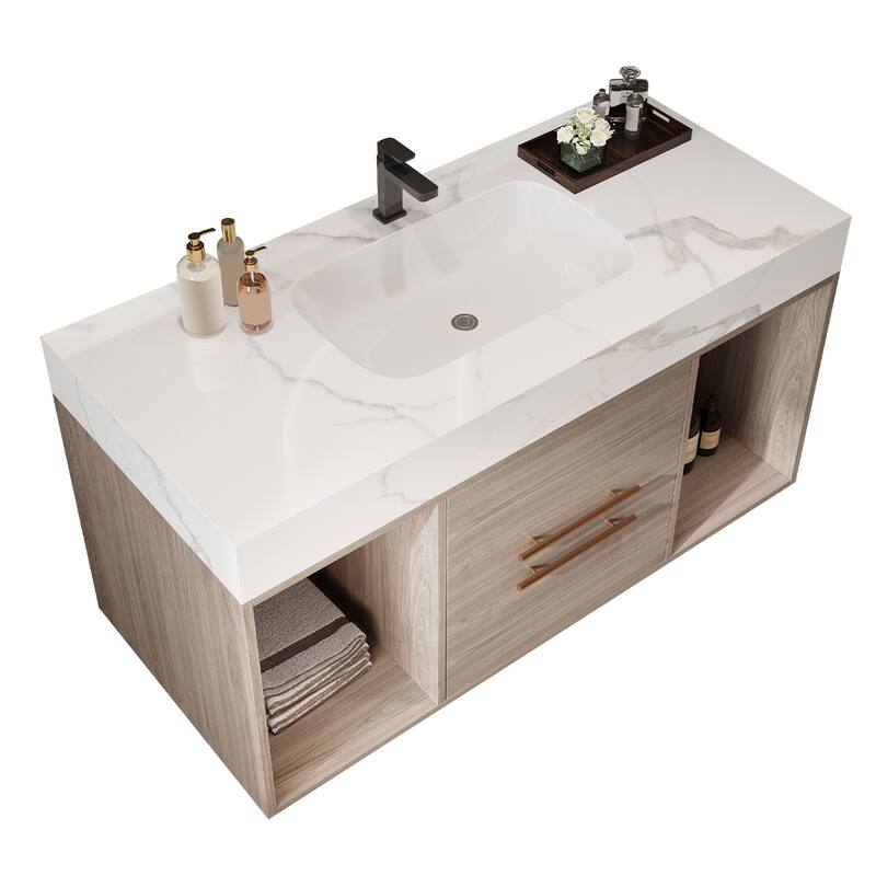 Floating Bathroom Vanity with Ceramic Sink, Rectangle Bathroom Storage Cabinet with Sintered Stone Countertop