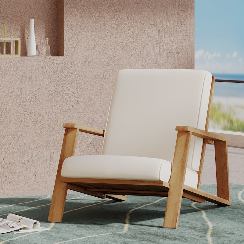 Roomfitters Mid-Century Acacia Wood Lounge Armchair with Cushions, Patio Seating Furniture