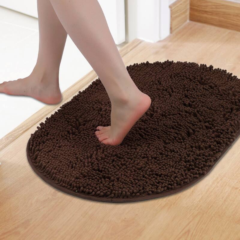 Oval Plush Bath Mat, Soft Non Slip Absorbent Rug, Rubber Backing Quick Dry Rugs for Shower Floor, Bathroom Decor - Brown - 20" x 32"