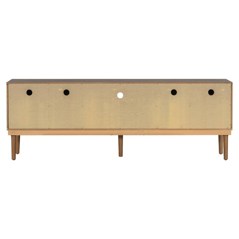 Stylish TV Stand with Vertical Striped Doors, Space-Saving Sliding Door Design, Sturdy Solid Wood Legs