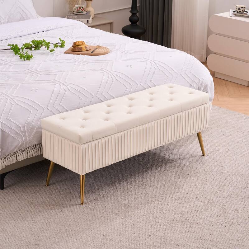 Velvet Storage Bench for Bedroom,End of Bed Bench for King Size Bed, Modern Upholstered Long Ottoman Bench for Entryway - 45" Wide - Ivory
