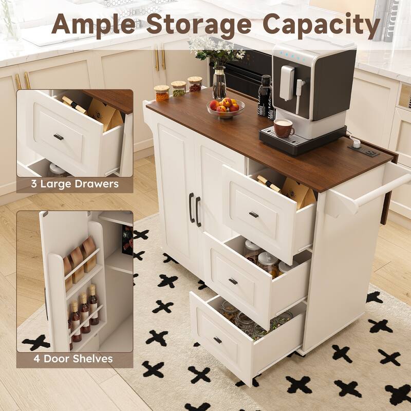 53.5" Rolling Kitchen Island Cart with Drop Leaf, Storage Cabinets, 3 Drawers, Spice Rack & Towel Bar