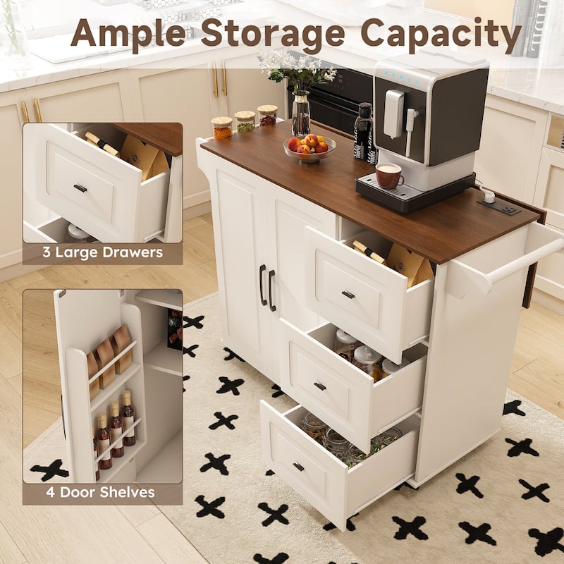 Rustic Kitchen Island, White Walnut Breakfast Bar, Mobile Rolling Storage Cart