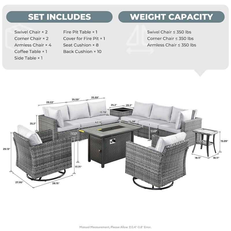 HOOOWOOO 11-piece Rattan Wicker Outdoor Furniture Set Swivel Chairs with Fire Pit