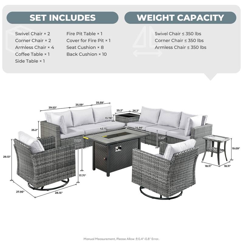 HOOOWOOO 11-piece Rattan Wicker Outdoor Furniture Set Swivel Chairs with Fire Pit