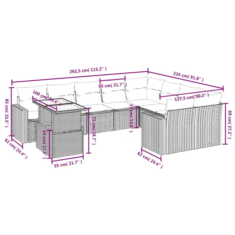 vidaXL Patio Sofa Set with Cushions Outdoor Furniture 10 Piece Poly Rattan - 24.4 x 24.4 x 27.2