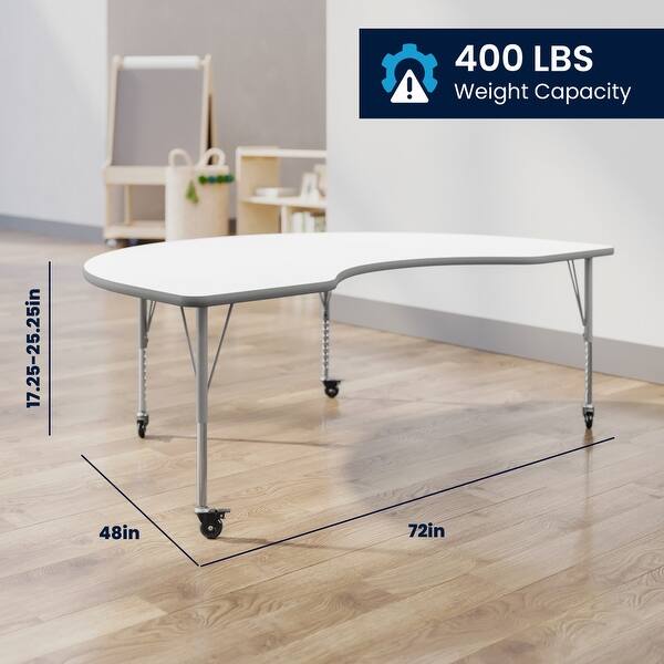 dimension image slide 1 of 4, Mobile 48''W x 72''L Kidney Thermal Laminate Activity Table - Adj. Short Legs