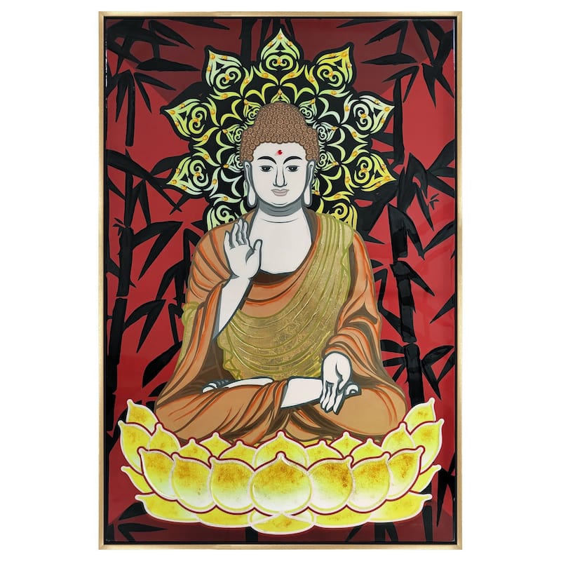 39 x 59 Hand Painted Buddha on Lotus, Gold Frame, Resin Coated, Red, Yellow - Red, Gold, Black